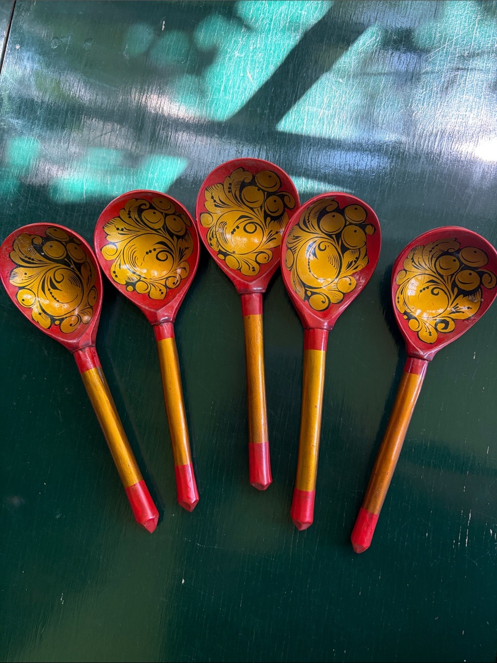 Russian Hand-Painted Red and Gold Decorative Wooden Spoons - Set of 5